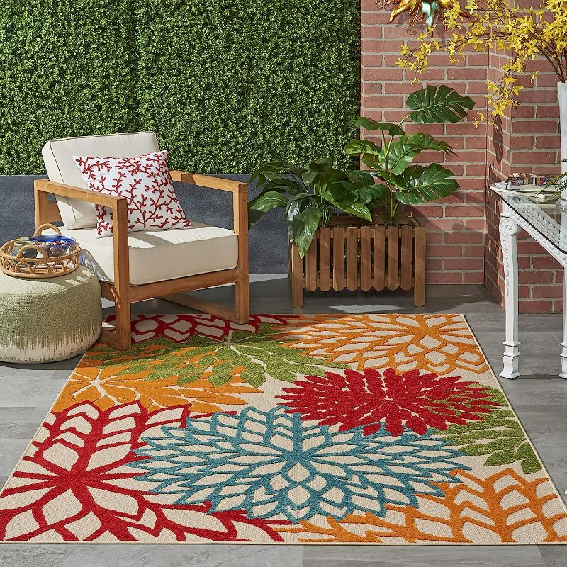 Photo 1 of Nourison Aloha Indoor/Outdoor Green 5'3" x 7'5" Area-Rug, Tropical, Botanical, Easy-Cleaning, Non Shedding, Bed Room, Living Room, Dining Room, Deck, Backyard, Patio (5x7)
