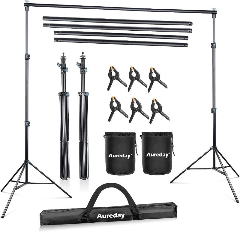 Photo 1 of Aureday Backdrop Stand, 10x8.5ft Adjustable Photo Backdrop Stand for Parties, Heavy Duty Background Stand with Travel Bag, 6 Backdrop Clamps, 4 Crossbars, 2 Sandbags for Wedding/Decorations/Photoshoot
