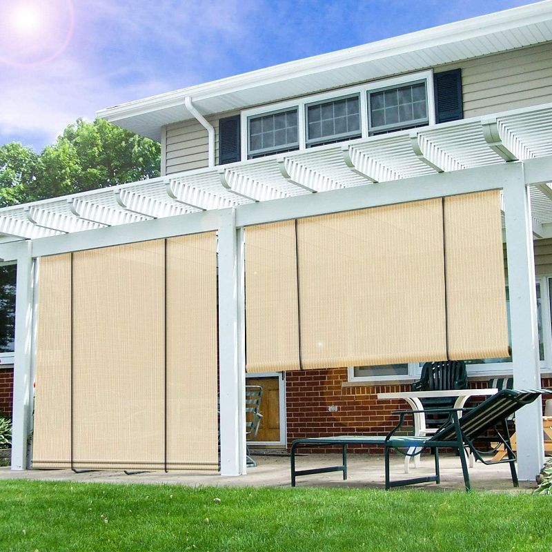 Photo 1 of E&K Sunrise 8'W x 6'H Roll Up Shade Outdoor Roller Shade Blind Sun Shade UV Block for Patio Porch Backyard Gazebo Deck Pergola (Beige)
