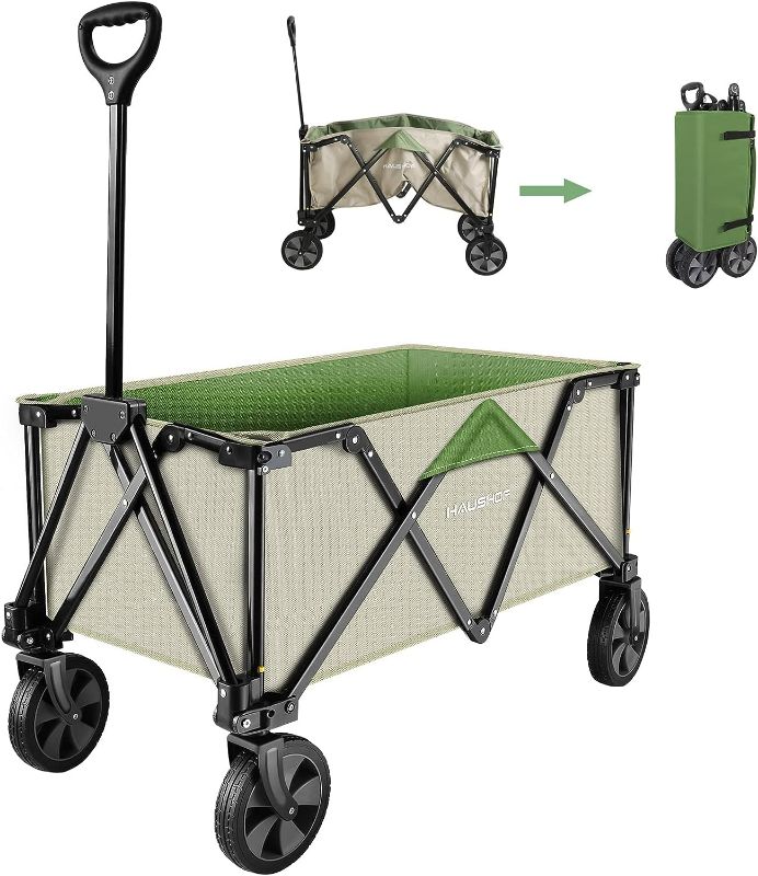 Photo 1 of HAUSHOF Heavy Duty Collapsible Wagon, Folding Outdoor Utility Wagon, Camping Garden Beach Cart with Universal Quick Release Wheels, Adjustable Handle, 2 Cup Holders, 176 lbs Load Capacity, Green

