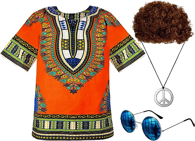 Photo 1 of Norme Hippie Costume Set 70s Men's Outfits Hippie Shirt Brown Wig Sunglasses Peace Sign Necklace(XXL) NEW