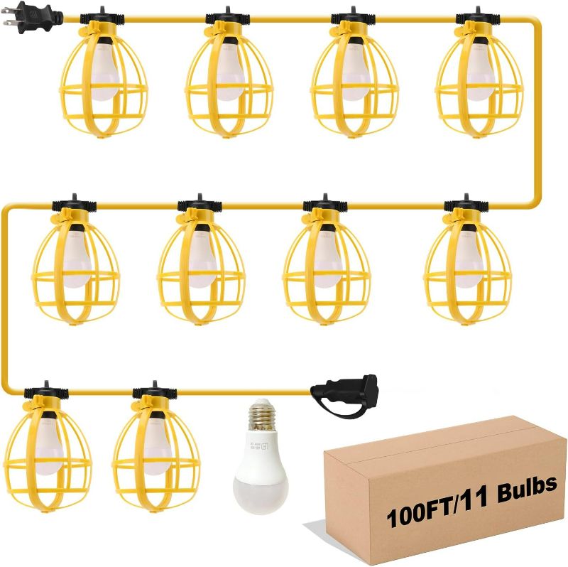 Photo 1 of Yaoledly 100FT Construction String Lights, 100W 11 Bulbs Work Lights with E26 Base, Construction Lights IP65 Waterproof, 8000LM 6500K Temporary Lighting for Workshop, Mine cave, Job Site
