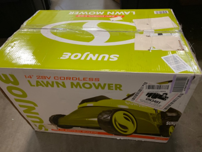 Photo 1 of Sun Joe MJ401C 14-Inch 28-Volt Cordless Push Lawn Mower, w/10.6-Gallon Collection Bag,14 inches, Green & Greenworks 24V 12" Cordless String Trimmer / Edger, 2.0Ah Battery and Charger