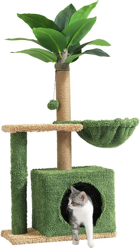Photo 1 of MSmask Cat Tree with Square Condo, Artificial Palm Tree Cat Tower with Sisal Scratching Post, Hammock, Plush Platform, Climbing Nature Cat Tree for Indoor Cats
