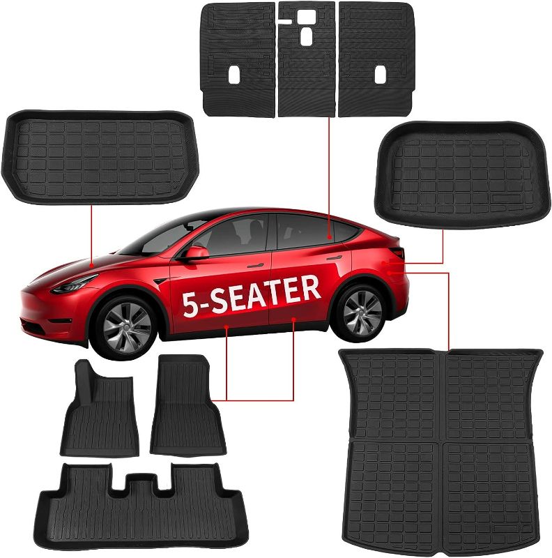 Photo 1 of Kingna Fit 2020-2023 Tesla Model Y Floor Mats Trunk Mat Cargo Liner Frunk Mat TPE All Weather 2nd Row Back Seat Cover Protector 2022 Tesla Model Y Accessories (5-Seater, Set of 9 Mats)
