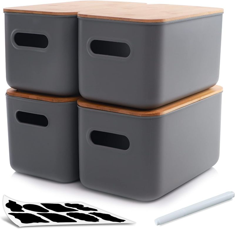 Photo 1 of  4 Packs Plastic Storage Bins with Bamboo lids Stackable Storage Containers for Organizing