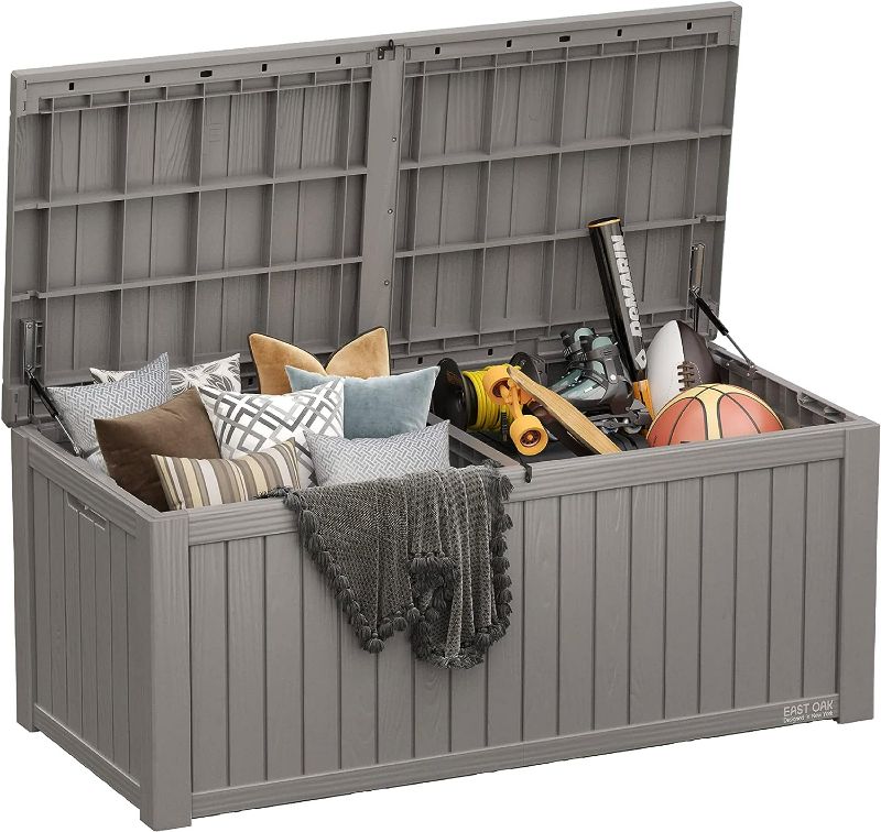 Photo 1 of  Large Deck Box, Outdoor Storage Box with Padlock for Patio Furniture, Patio Cushions, Gardening Tools, Pool Supplies, Waterproof and UV Resistant Resin, Grey
