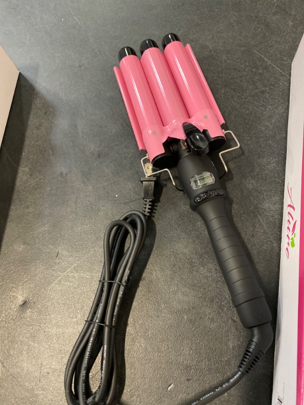 Photo 2 of Alure Three Barrel Curling Iron Wand with LCD Temperature Display - 1 Inch Ceramic Tourmaline Triple Barrels, Dual Voltage Crimp (Pink)