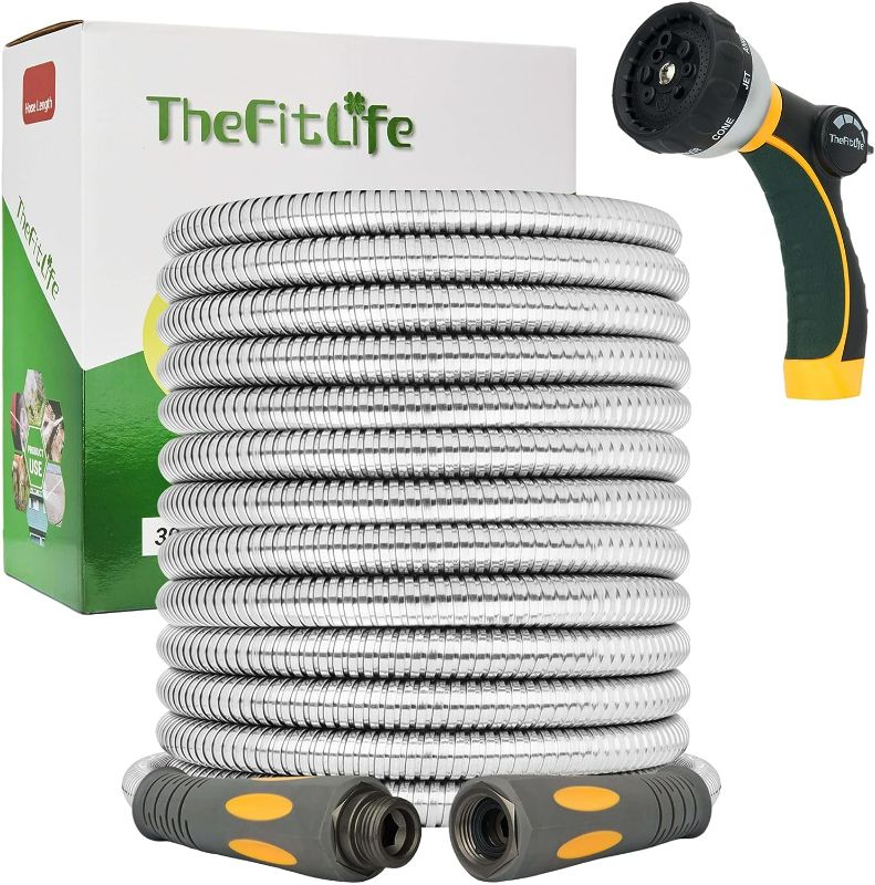 Photo 1 of TheFitLife Flexible Metal Garden Hose - 50 FT Lightweight Stainless Steel Water Hose with Solid Fittings and Sprayer Nozzle - Leak Proof, Kink Free, Anti-rust, Large Diameter, Durable and Easy Storage
