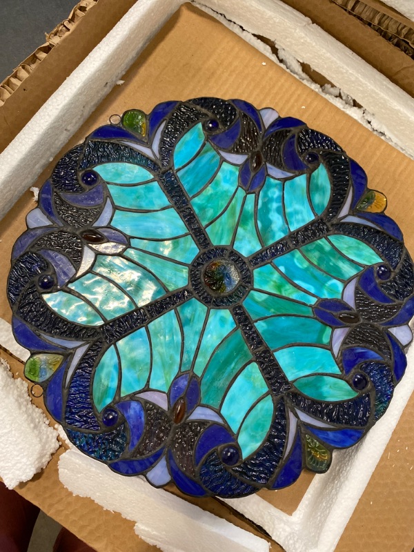 Photo 2 of Happy Living Time Stained Glass Panel: 12 Inch/16 Inch Decorative Window Hanging Suncatcher - Small Round Tiffany Style Ornament - Blue Heart Decoration for The Wall or Windows 
