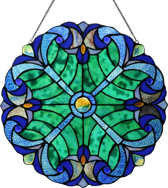 Photo 1 of Happy Living Time Stained Glass Panel: 12 Inch/16 Inch Decorative Window Hanging Suncatcher - Small Round Tiffany Style Ornament - Blue Heart Decoration for The Wall or Windows 
