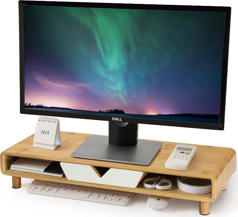 Photo 1 of Homerays Bamboo Monitor Stand Riser with Drawer, Exquisite Ergonomic Wood Computer Monitor Riser,White,Upgrade Model
