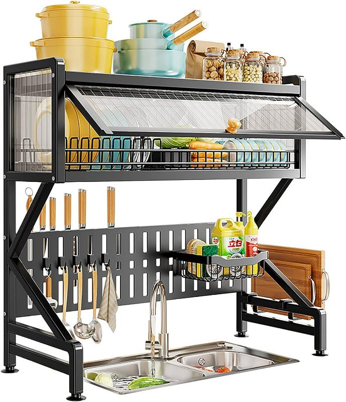 Photo 1 of Over Sink Dish Drying Rack with Cover, 2 Tier Large Storage Kitchen Sink Organize Stand Shelf Space Saver Metal Dish Drying Rack for Kitchen Counter