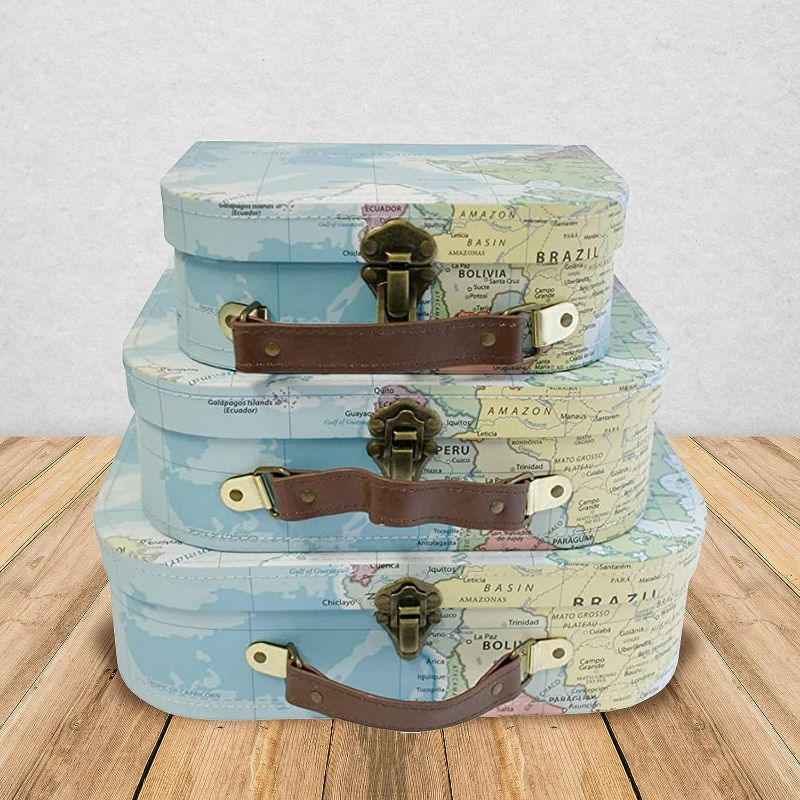 Photo 1 of Wald Imports - Set of 3 Paperboard Suitcases -Decorative Storage Boxes - Suitcase Set for Decoration, Storage, and More (Blue Map)

