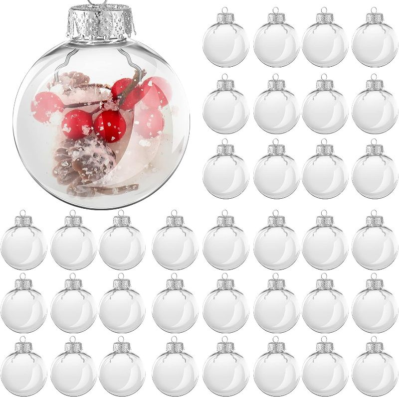 Photo 1 of 80 Pcs Round Clear Plastic Ball Ornaments Bulk Removable Top Clear Hanging Ornaments Ball Christmas Clear Baubles DIY Fillable Plastic Ornaments Round Balls for Christmas Birthday DIY Crafts (67 mm)

