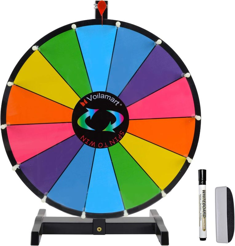 Photo 1 of Voilamrt 18" Tabletop Spinning Prize Wheel, Spin The Wheel Dry Erase, 14 Slots with Durable Plastic Base, 2 Pointer, Wheel of Fortune Spin Game in Party Pub Trade Show Carnival
