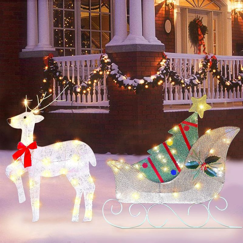 Photo 1 of Lighted Christmas Reindeer Sleigh Outdoor Yard Decoration
