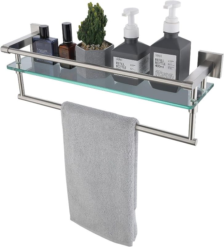 Photo 1 of KOKOSIRI Bathroom Shelves with Towel Holder Rustproof 20'' Bathroom Tempered Glass Shelf with Rails Wall Mounted Stainless Steel, Brushed Nickel Finish, B1103BR-L20
