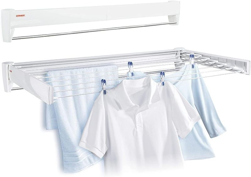 Photo 1 of Leifheit 83100 Telefix 100 Wall Mount Retractable Plastic Clothes Drying Rack for Storage White 