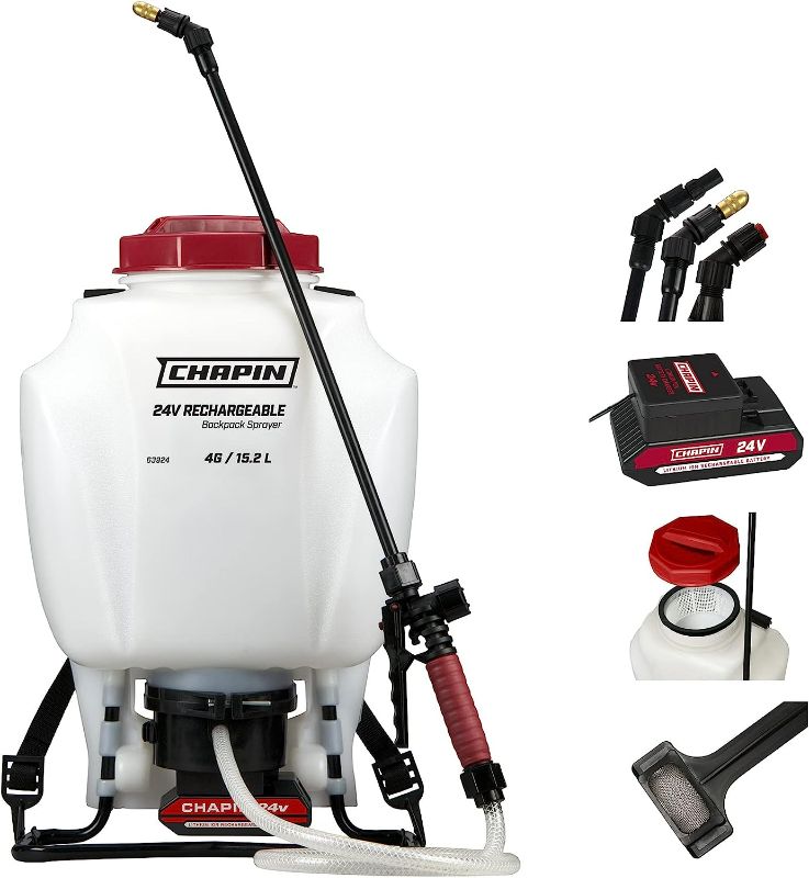 Photo 1 of Chapin 63924 4-Gallon 24-volt Extended Spray Time Battery Backpack Sprayer For Fertilizer, Herbicides and Pesticides, 4-Gallon (1 Sprayer/Package)
