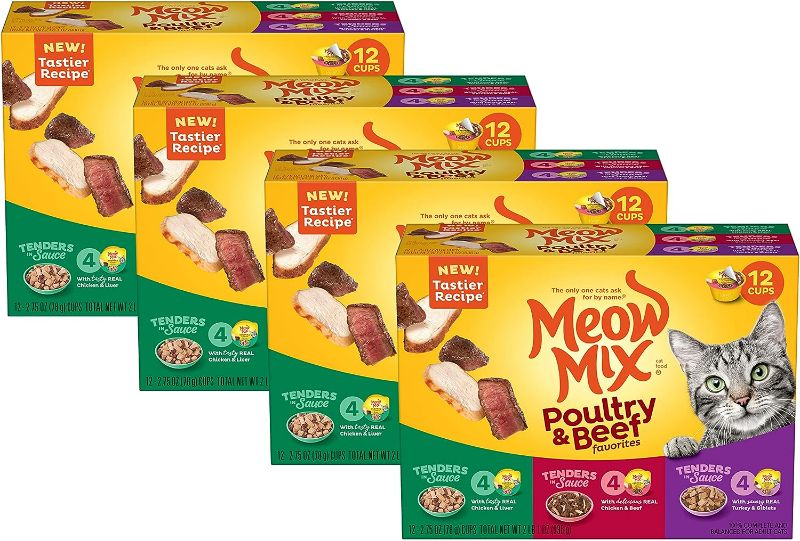 Photo 1 of Meow Mix Tender Favorites Wet Cat Food, Poultry & Beef Variety Pack, 2.75 Ounce Cup (Pack of 48) (Packaging May Vary)
