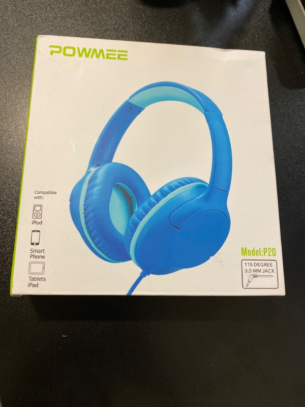 Photo 2 of POWMEE P20 Kids Headphones Over-Ear Headphones for Kids/Teens/Boys/Girls/School with 94dB Volume Limited Adjustable Stereo Tangle-Free 3.5MM Jack Wire Cord for Fire Tablets/Travel/PC/Phones(Blue) NEW 

