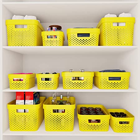 Photo 2 of  4 Gallon Yellow Plastic Storage Basket | Open Storage Bins for Shelves, Bathroom, Pantry, Closet | 14 x 10.25 x 8.5 Inches NEW