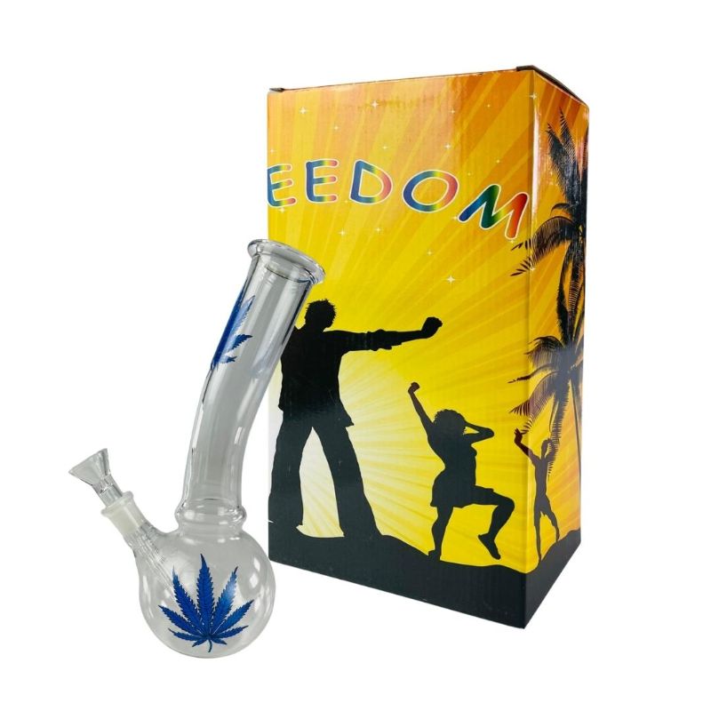 Photo 1 of FREEDOM HANDMADE CLEAR WATER PIPE WITH BLUE MARIJUANA LEAFS INCLUDES BOWL AND STEM NEW IN BOX
