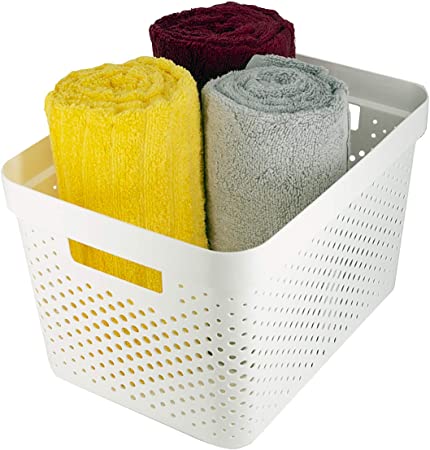 Photo 1 of White 4 Gallon Plastic Storage Basket | Open Storage Bins for Shelves, Bathroom, Pantry, Closet |  14 x 10.25 x 8.5 Inches NEW
