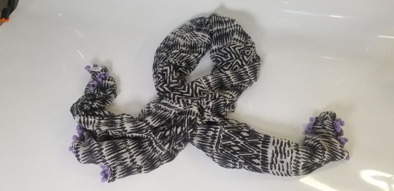 Photo 2 of BLACK AND WHITE SCARF WITH PURPLE HANGING BALLS NEW 