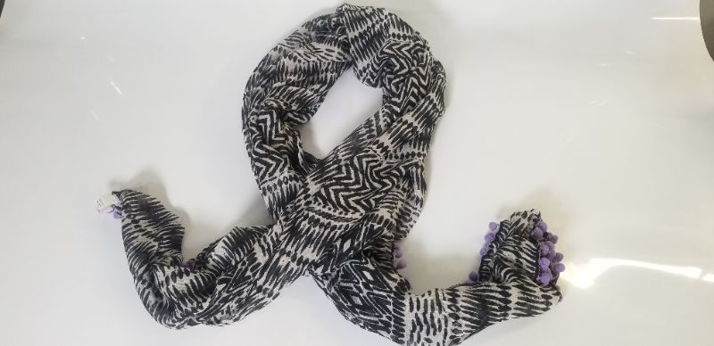 Photo 1 of BLACK AND WHITE SCARF WITH PURPLE HANGING BALLS NEW 