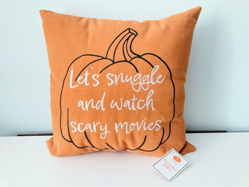 Photo 1 of 14 x 14 inch decorative pillow orange pumpkin, "lets cuddle and watch scary movies'