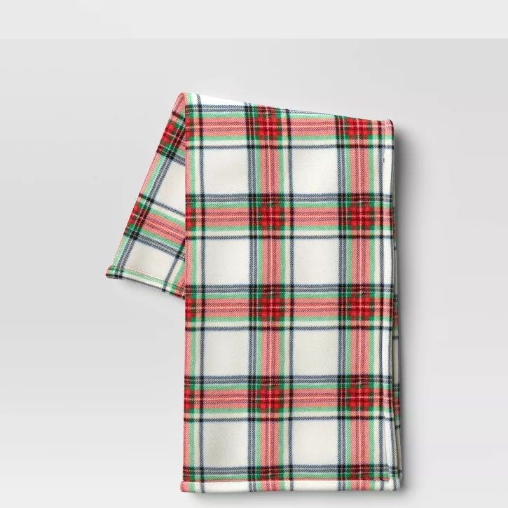 Photo 1 of Tartan Plaid Printed Plush Throw Blanket Cream - Wondershop 60x50