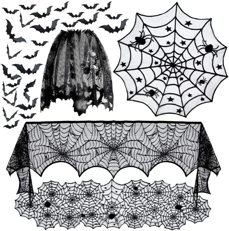 Photo 1 of 5pack Halloween Decorations Tablecloth Runner Black Lace Round Spider Cobweb Table Cover Fireplace Mantel Scarf Spiderweb Fireplace Scarf Spider Lampshade with 36pcs Scary 3D Bat for Halloween Party
