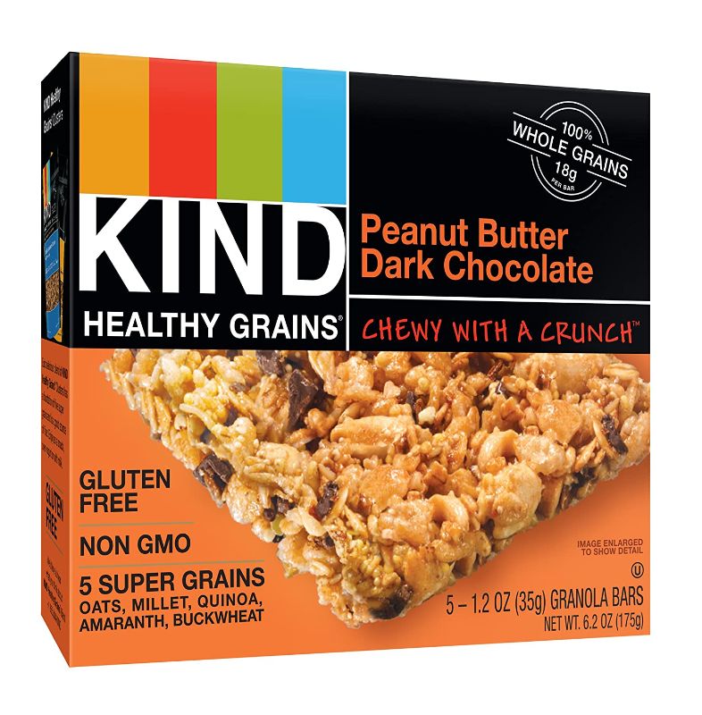 Photo 1 of 2x KIND Healthy Grains Bars, Peanut Butter Dark Chocolate, Non GMO, Gluten Free, 1.2 oz, 5 Count
Best Before: May 20,2022