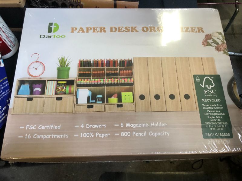 Photo 2 of Desk Organizer Set with 6 Magazine File Holder Organizer 4 Drawers & 16 Compartments - Huge Capacity Pen organizer for Home, School, Office Supplies, FSC Certified Cardboard, DIY Project, Wood Color
