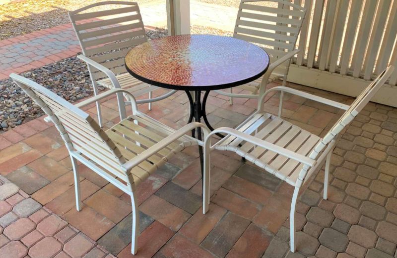 Photo 1 of MOSAIC PATIO TABLE 32” X 30.5” WITH 4 STRAP CHAIRS