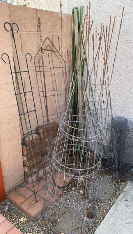 Photo 1 of GARDEN SUPPLIES TOMATO CAGES FENCE POLES FOR VINES SCALLOPED BRICK EDGING AND BRICKS