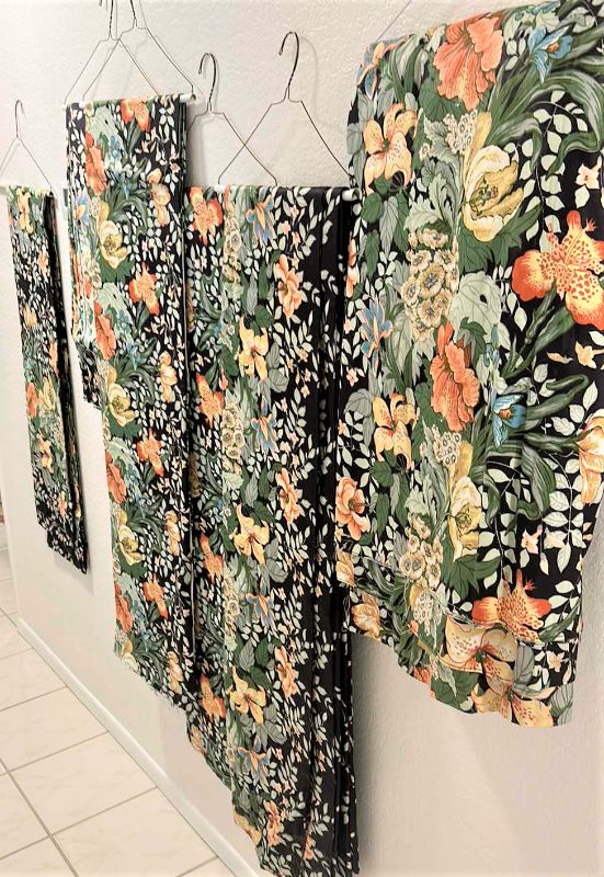 Photo 1 of FLORAL ON BLACK DRAPERY PANELS, VALANCE AND MORE W EXTRA FABRIC