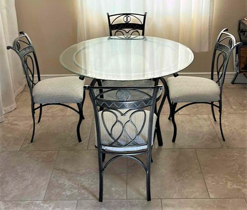 Photo 1 of  48" ROUND WROUGHT IRON TABLE W GLASSTOP & 4 SIDE CHAIRS W PADDED SEAT