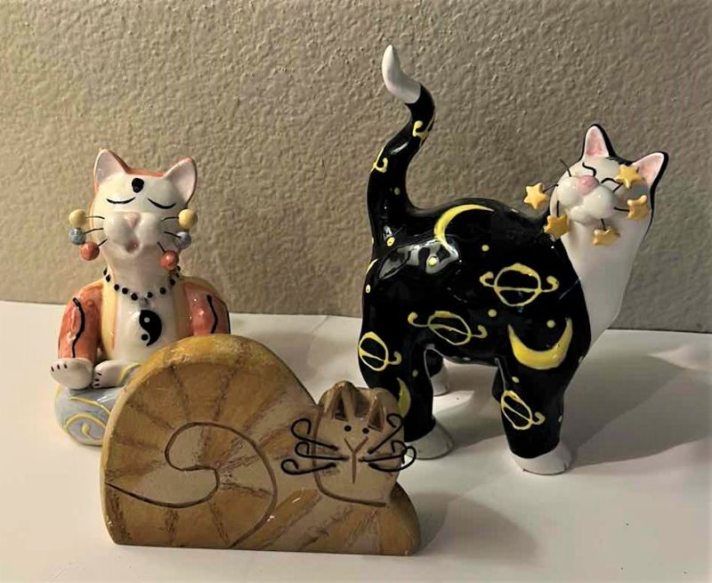 Photo 1 of 3 VINTAGE CAT COLLECTIBLES,  TALLEST 6.5” (2 SIGNED PORCELAIN LACOMBE) 