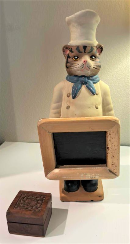 Photo 1 of HOME DECOR -  CAT CHEF FIGURINE  H14.5”AND SMALL WOOD BOX