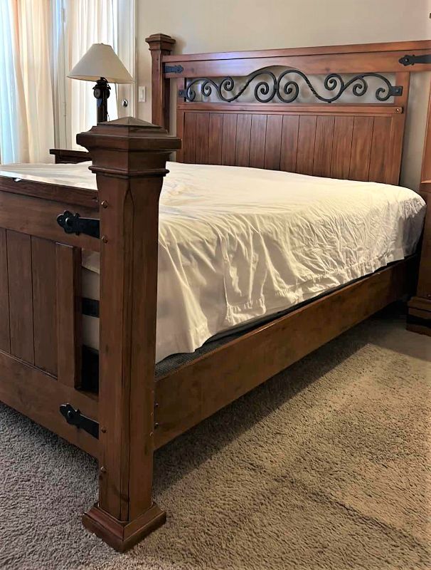 Photo 2 of HOME FURNITURE - WOOD WITH METAL ACCENTS - KING BEDFRAME HEADBOARD AND FOOTBOARD 82. 5” x 90” x H61” (MATTRESS AND OTHER PIECES SOLD SEPERATELY)