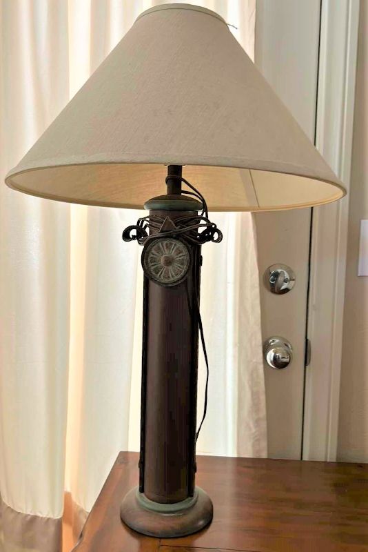 Photo 1 of TABLE LAMP W METAL AGED PATINA BASE W SHADE H31”
