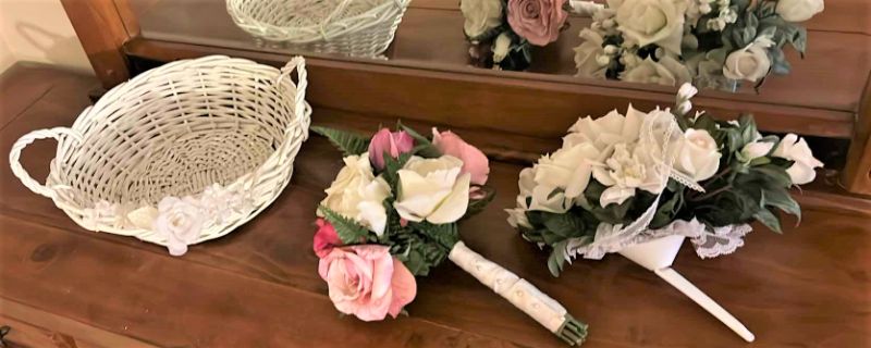 Photo 1 of TWO BRIDAL BOUQUETS AND WHITE WICKER BASKET