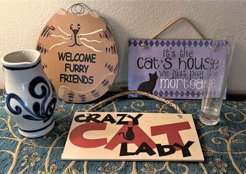 Photo 1 of HOME DECOR ASSORTMENT - 3 CAT PLAQUES, PITCHER AND CRYSTAL VASE
