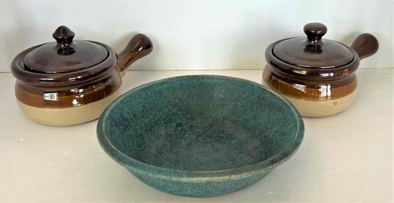 Photo 1 of KITCHEN ACCESSORIES-  TWO  STONEWARE SOUP TERRINE'S AND SIGNED POTTERY BOWL