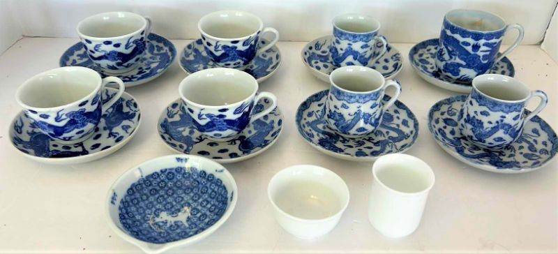 Photo 1 of  19 PIECES -SMALL BLUE AND WHITE  PORCELAIN TEACUP / ESPRESSO ASSORTMENT 