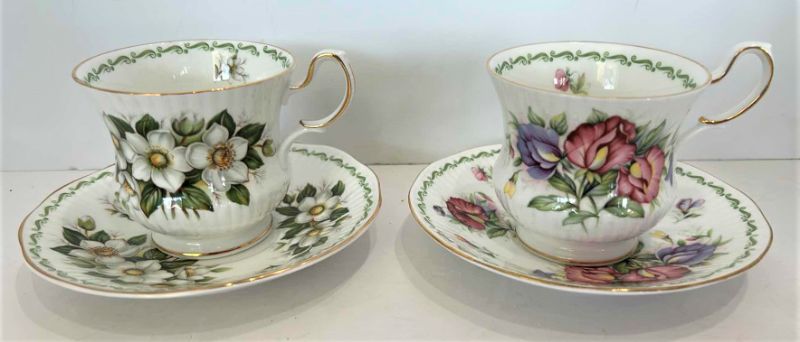 Photo 1 of 2 COLLECTIBE PORCELAIN TEACUPS AND SAUCERS, FINE BONE CHINA  FROM ENGLAND CHRISTMAS ROSE AND SWEET PEA