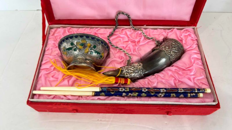 Photo 2 of CHINESE COLLECTIBLE IN BOX - POWDER HORN, SMALL Cloisonné BOWL AND CHOPSTICKS